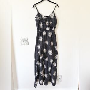 NWOT Billabong Black and White Palm Leaf Floral Ruffle Slit Maxi Sundress L